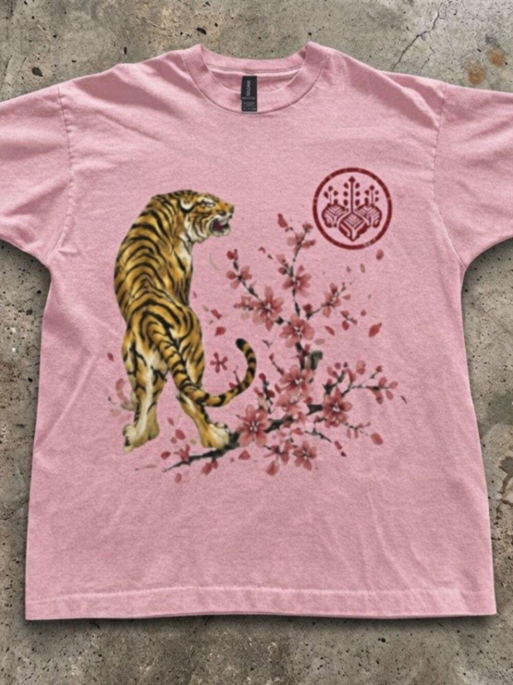 Vintage Style Japanese Tiger Cherry Blossom Graphic T-Shirt Gildan Pink
